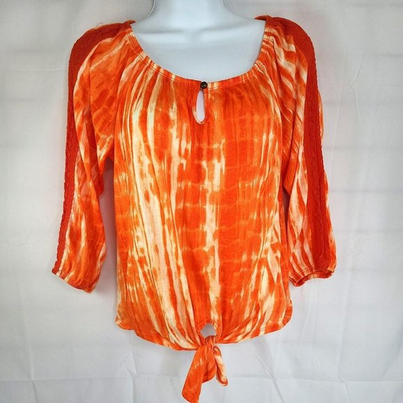 French Laundry Tops - French Laundry Blouse Orange Tie Dye Front Tie Lace Accent Top 3/4 Sleeves Sz SM